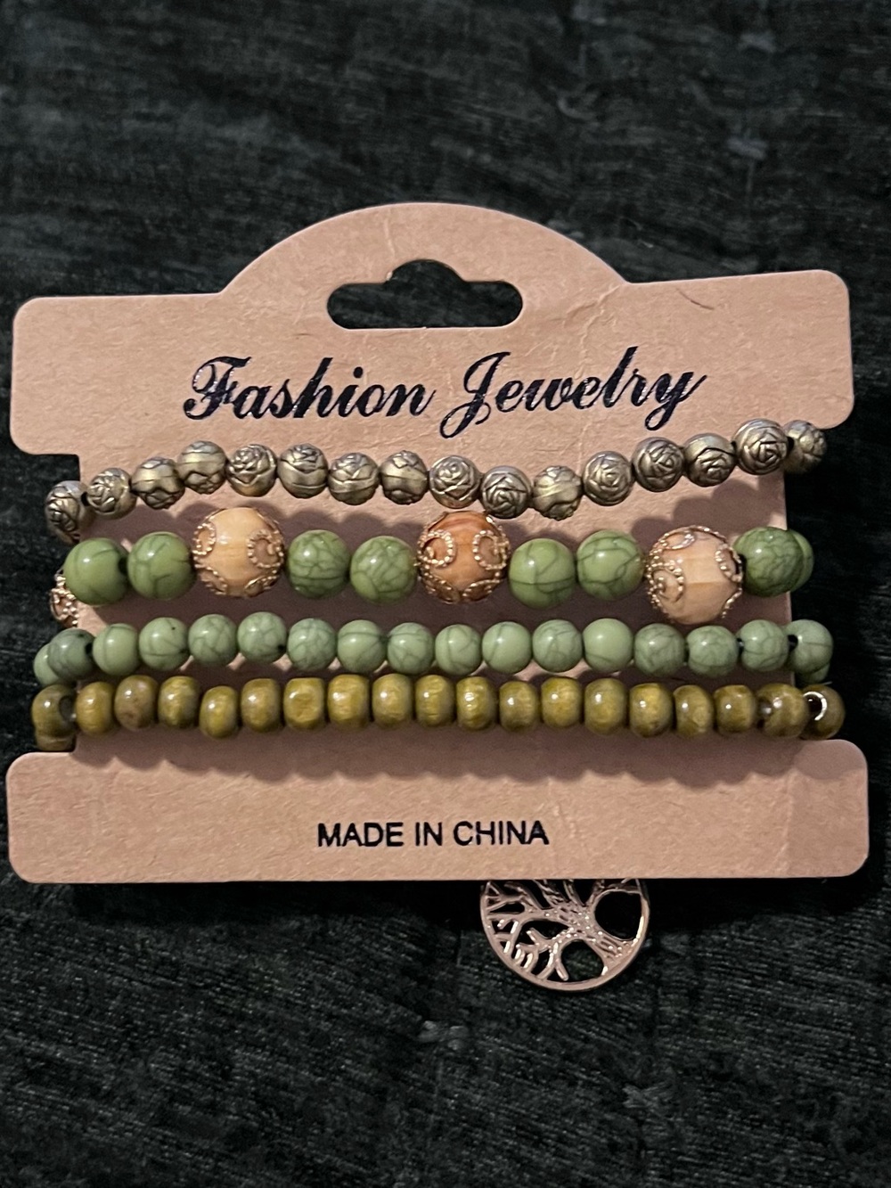 Olive & Gold Beaded Stack Bracelet Set Tree of Life